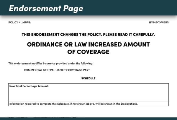 Homeowners insurance endorsement declarations page showcasing coverages and amounts.